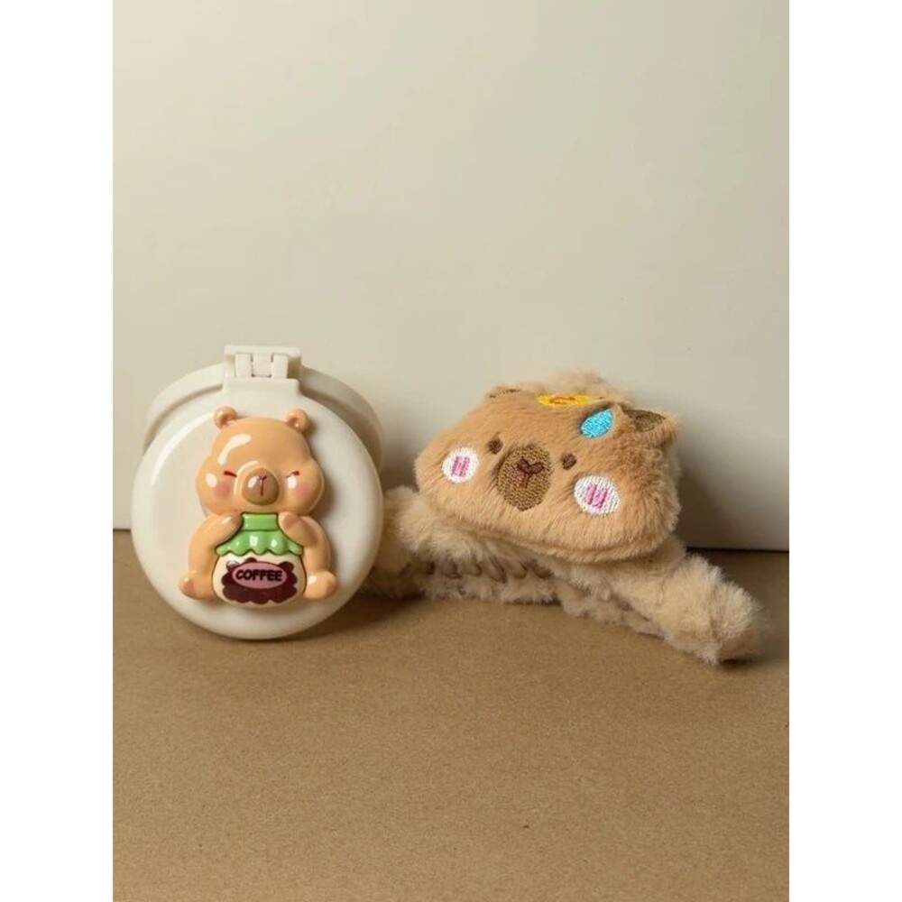 Capybara Plush Hair Clip & Coffee Bear Compact Mirror Brush Set